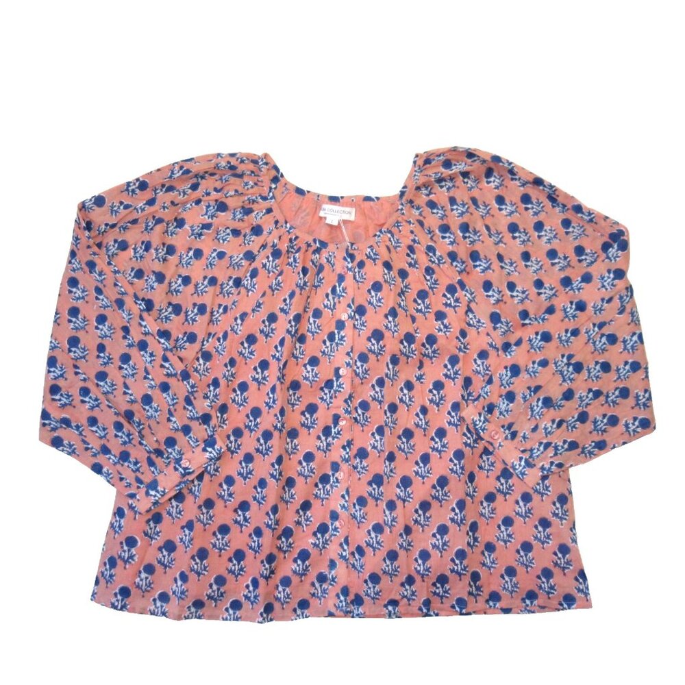 NWT Emerson Fry India Collection Frances Blouse in Apple Blue Little Marigolds L - Picture 2 of 6
